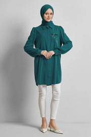 Chemise Bleue Brodée de Perles Femme Voilée - Chic & Élégant | Anika