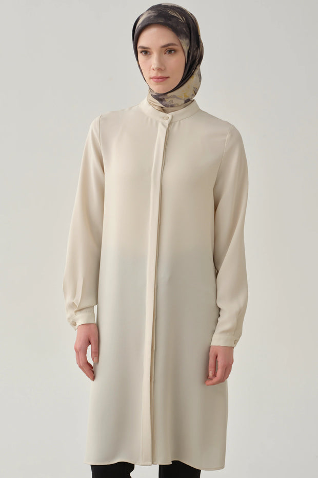 Tunique Minimaliste Col Mao Femme Voilée - Style Épuré & Chic | Anika