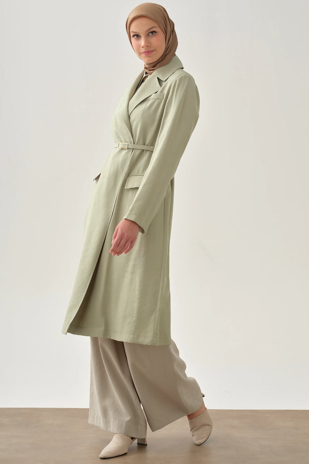 Veste Longue Ceinturée Modal Femme Voilée - Tissu Argenté & Élégance Croisée | Anika