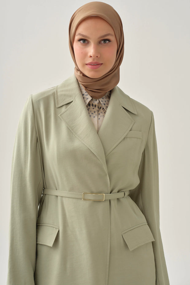 Veste Longue Ceinturée Modal Femme Voilée - Tissu Argenté & Élégance Croisée | Anika