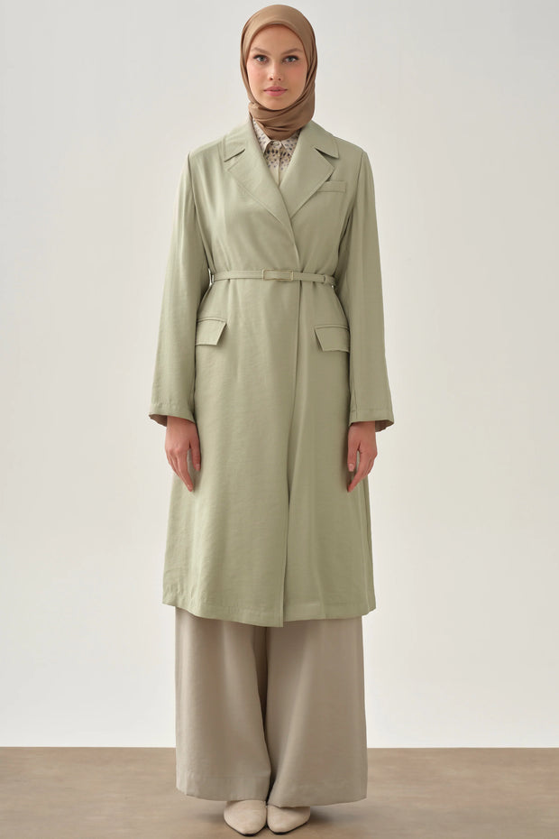 Veste Longue Ceinturée Modal Femme Voilée - Tissu Argenté & Élégance Croisée | Anika